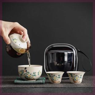 一壶三杯功夫茶具套装 草木灰手绘旅行茶具家用车载户外泡茶便携式