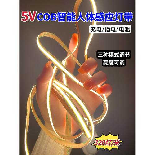 5V低压COB智能人体感应灯带充插电池衣橱鞋柜防水高亮线性软灯条