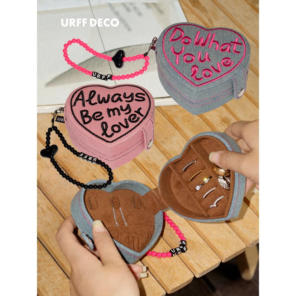 URFF DECO心形蛋糕迷你首饰盒复古牛仔便携戒指珠宝收纳旅行礼物