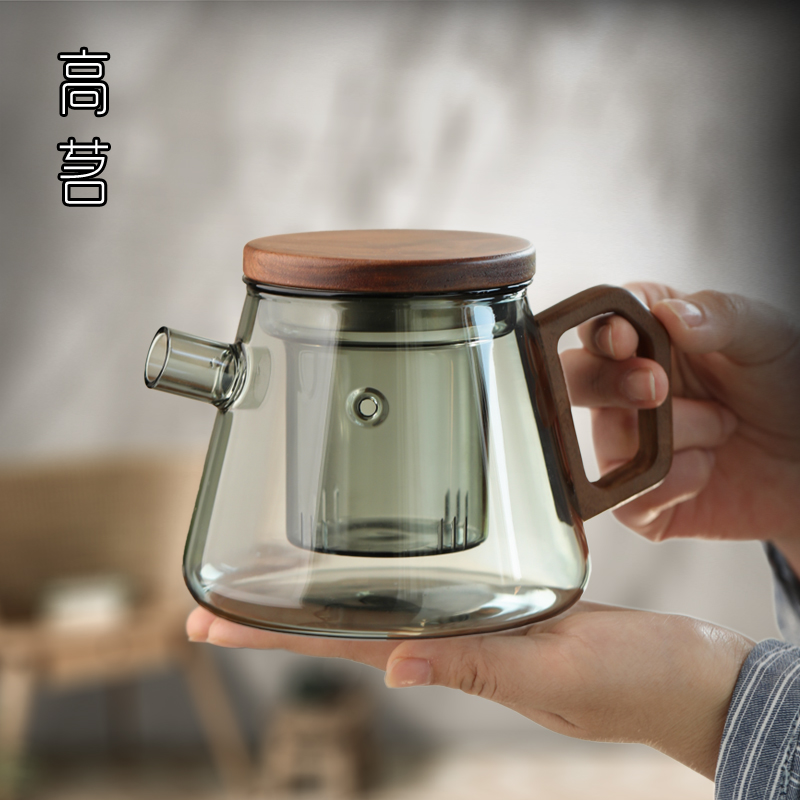 木柄玻璃茶壶单壶家用茶水分离红茶泡茶杯加厚耐高温可加热煮茶器