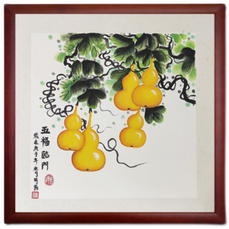 手绘新中式五福临门挂画入门玄关装饰画葫芦走廊过道尽头客厅壁画