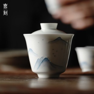 纯手绘山水青花陶瓷大号盖碗茶杯泡茶功夫两才茶碗家用单个