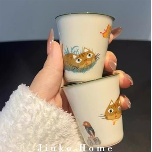 手绘猫咪小茶杯家用陶瓷手工杯办公草木灰品 送男女朋友礼物新中式