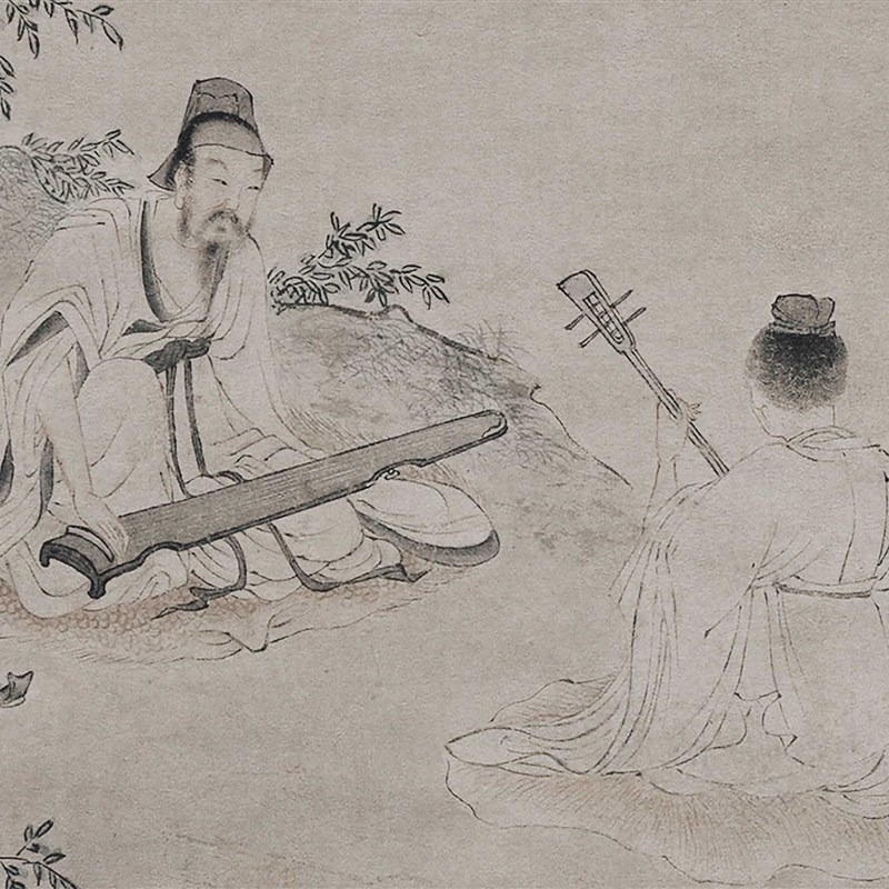 明 仇英 停琴听阮图轴竖幅挂画琴房客厅古字画微T喷复制装饰画临