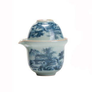 复古釉中彩青花汝窑天青功夫旅行茶具快客杯小套装 包可携 U可携式