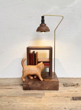 木雕小猫咪木质小k夜灯家居店内装饰品桌面创意礼品奶油原木风摆