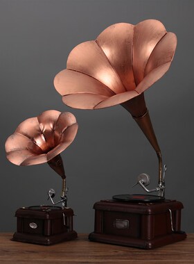 美式复古别墅样板房欧式装饰摆y件家居客厅酒柜铁艺留声机模型摆