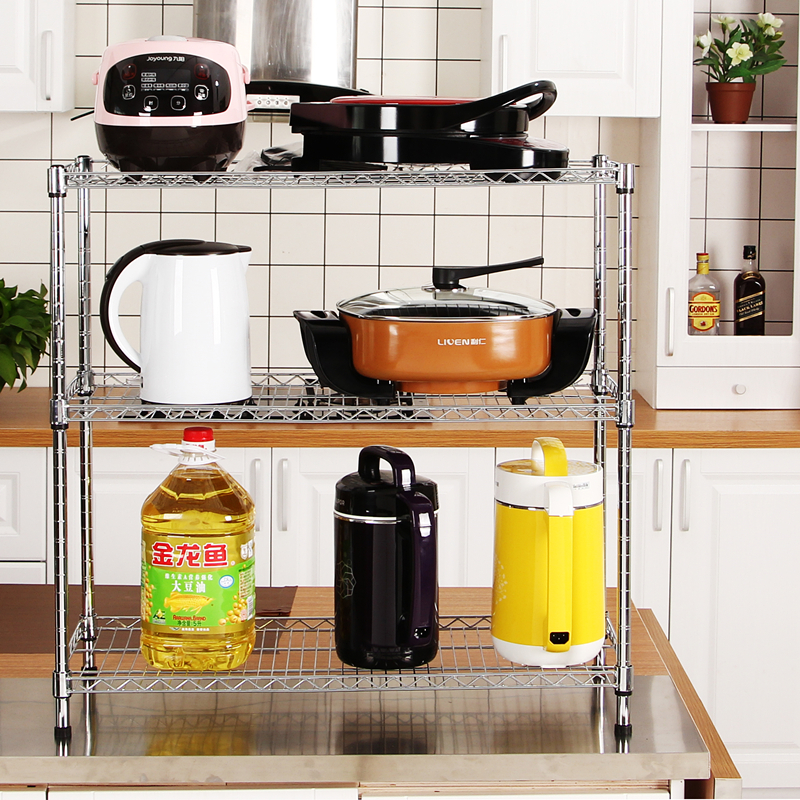 厨房置物架三层不锈钢色微波炉架烤E箱架放锅架储物架收纳层架定