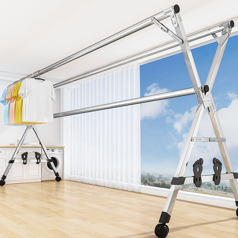 晾衣架落地d卧室内家用阳台伸缩式不锈钢折叠晾衣杆室外晒被子神