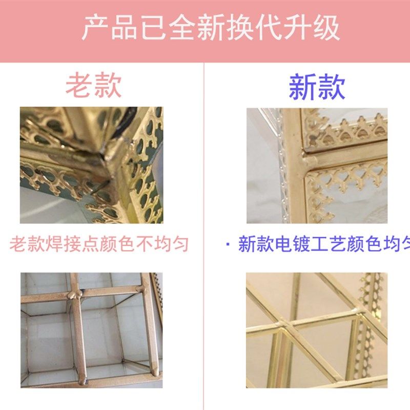 桌面化妆品收纳盒欧式梳妆台整理盒抽屉透明O玻璃化妆盒金属置物,收纳整理,桌面收纳盒,淘宝优惠券,粉丝福利购,淘宝优惠卷