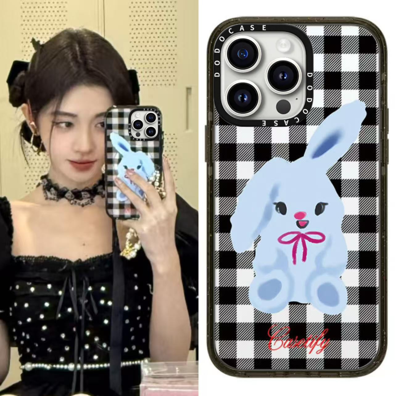 DODOCASE鞠婧祎同款黑网格蓝兔子17Pro适用iPhone16ProMax苹果15Pro可爱ins磁吸14明星手机壳13防摔保护12硬
