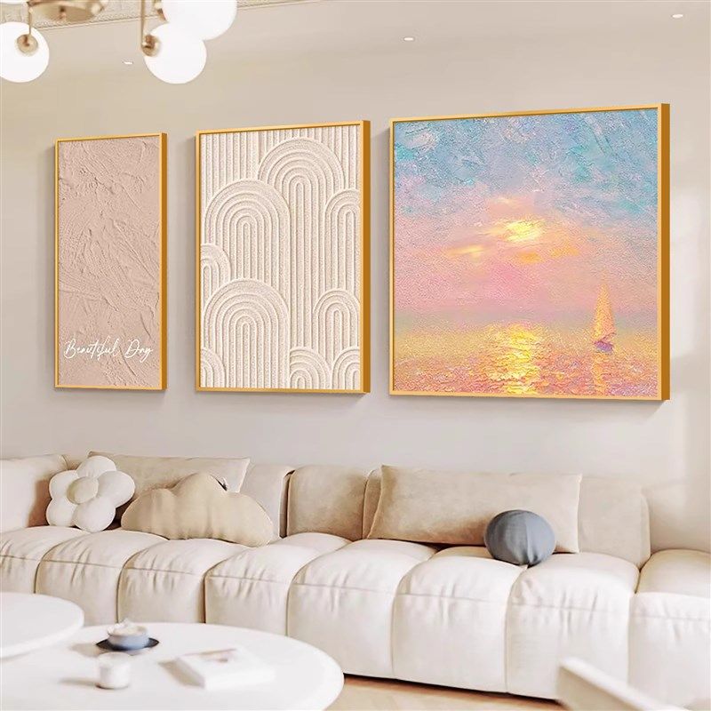 奶油风多巴胺客餐厅装饰画沙发背景墙挂画L抽象三联画日出风景壁,家居饰品,现代装饰画,淘宝优惠券,粉丝福利购,淘宝优惠卷