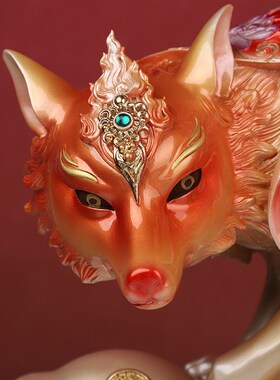 带骑九尾狐娘娘神像树脂家用祈福九姑娘像红Q狐白狐中式工艺摆件