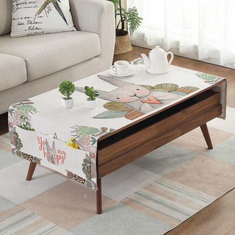 卡通兔茶几桌布棉麻防水防烫长条口袋式P可爱布艺茶几巾台布