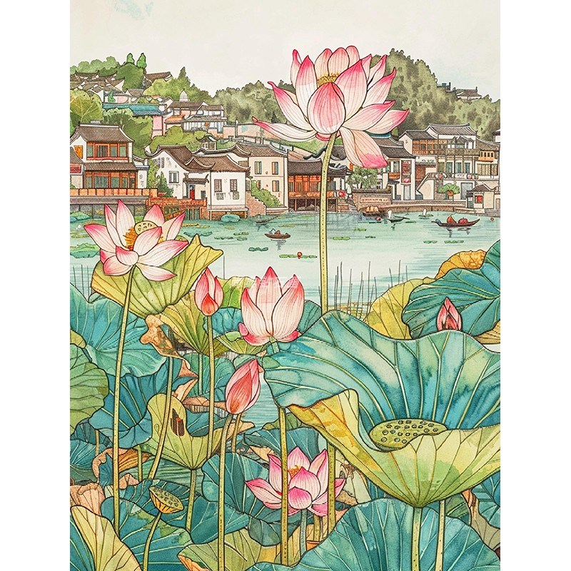 新中式DIY方钻满钻钻石画钻石绣手E工贴钻十字绣河边古典小镇荷花