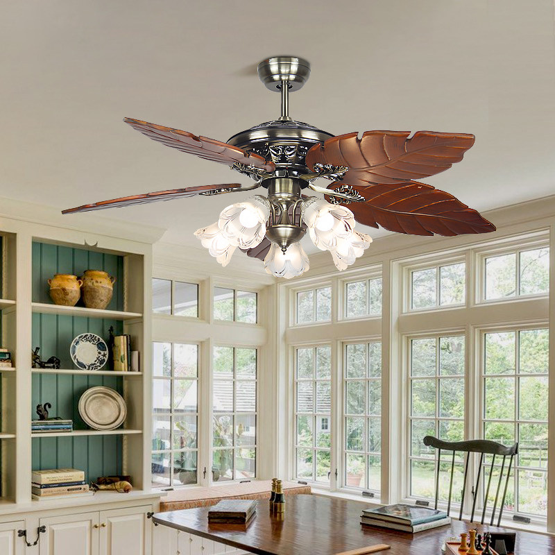 电风扇吊灯实木新中式仿古雕刻芭蕉E叶餐客厅卧室智能遥欧美民宿