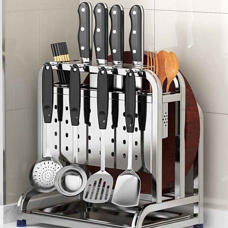 家用不锈钢刀架置物架厨房锅盖砧板刀J具一体收纳架台面放置架
