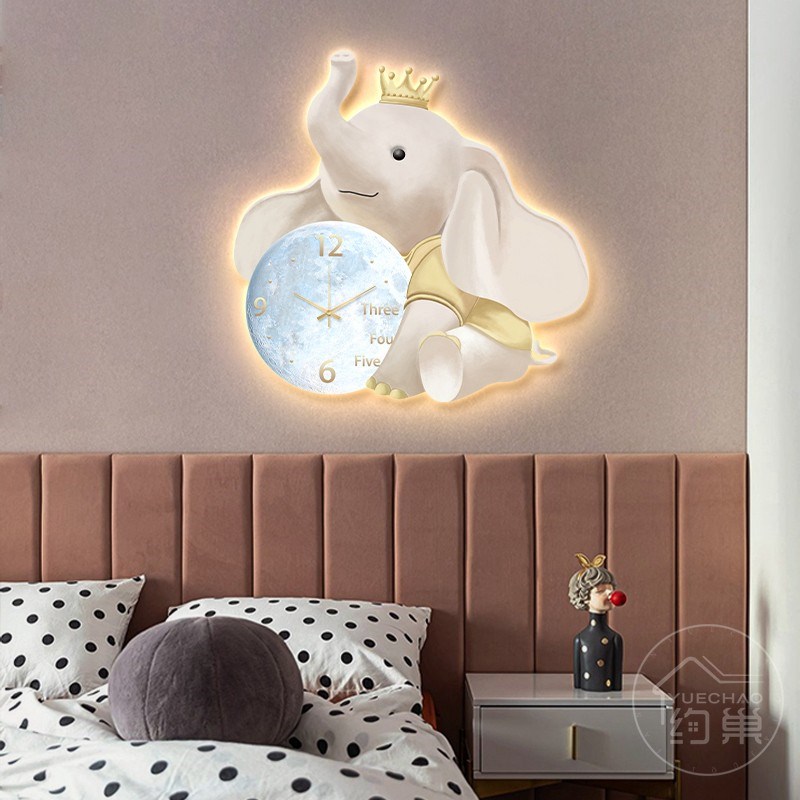 北欧卡通大象创意餐客厅钟表挂画带时钟壁画Mins风儿童房静音挂钟