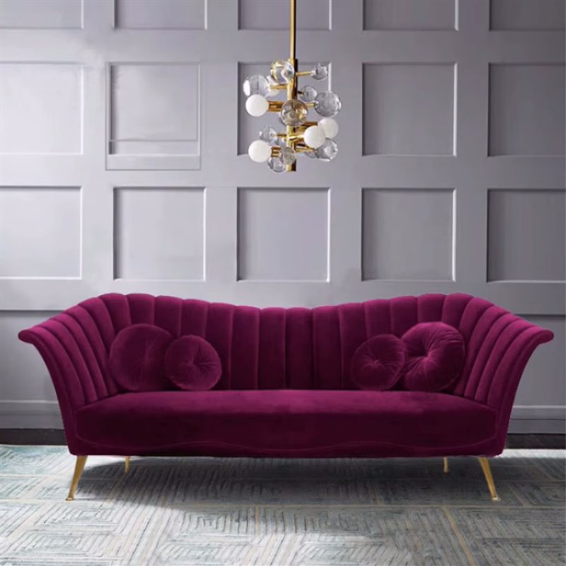 北欧后现代轻奢客厅丝绒布艺沙发设计师创意N金属脚弧形服装店沙