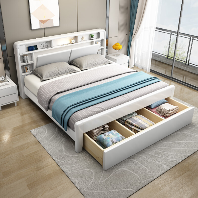 约实木床1.8米双人床带夜灯1.5米经济型北欧白色高箱储物床i.