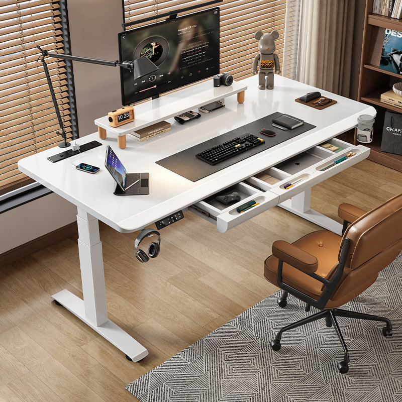 实木电动升降桌智能电脑桌带抽屉家用电竞桌子学习办公书桌工作台