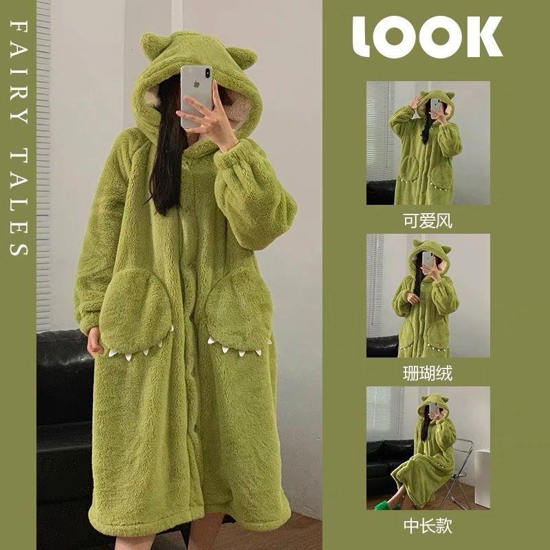 可爱大眼仔加厚加绒睡袍女2025冬季连帽珊瑚绒睡衣宽松情侣家居服