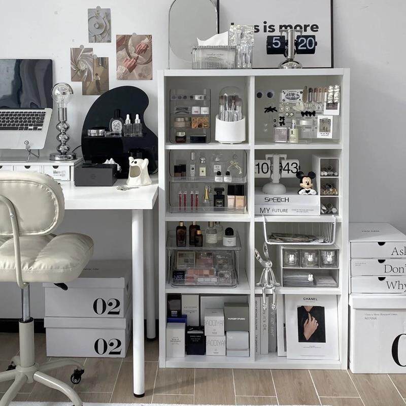 奶油风化妆品置物架桌侧边落地一体格子柜八格柜护肤品香水收纳柜