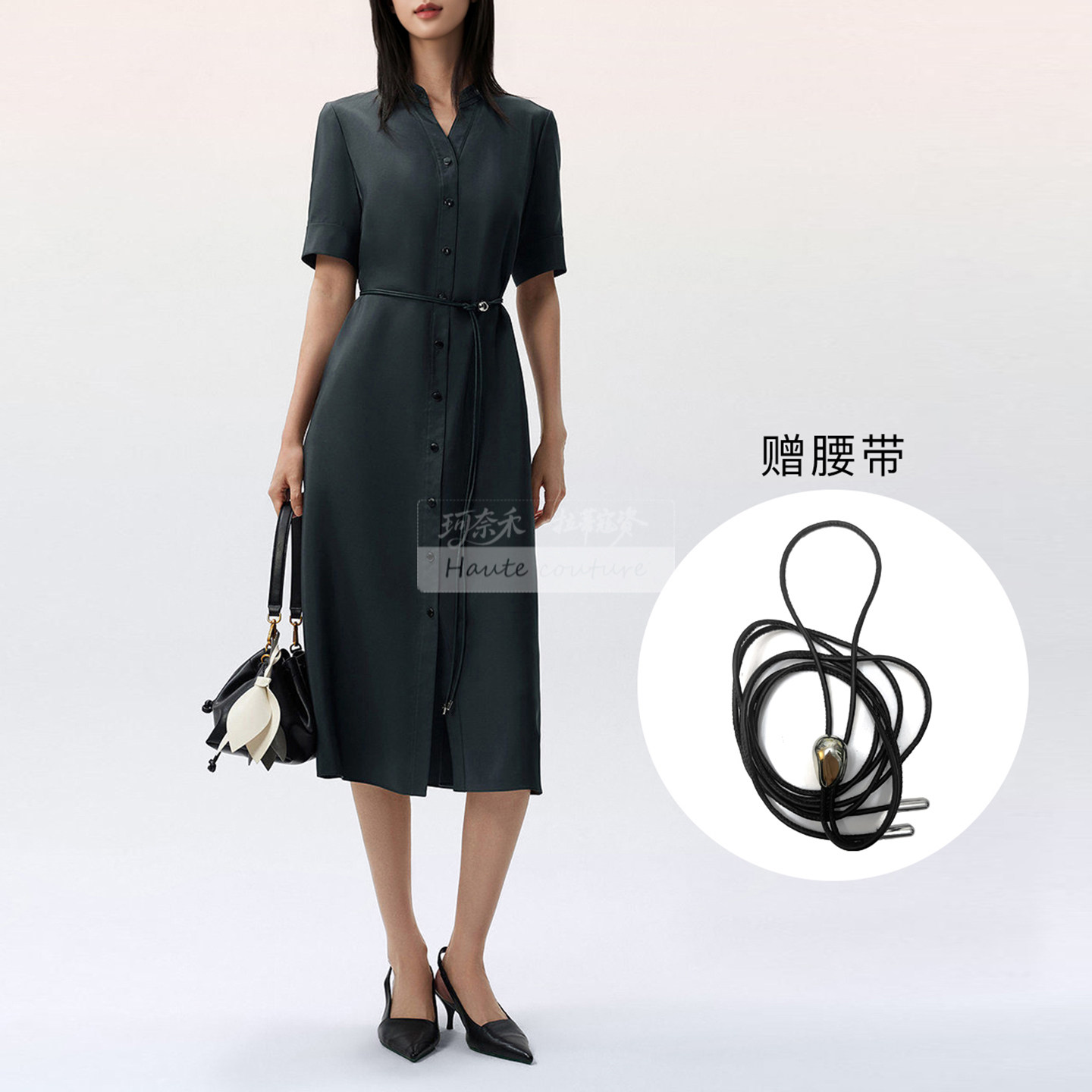 蔻商场同款夏季新款月壤灰V领排扣通勤职场真丝连衣裙A字裙女早秋