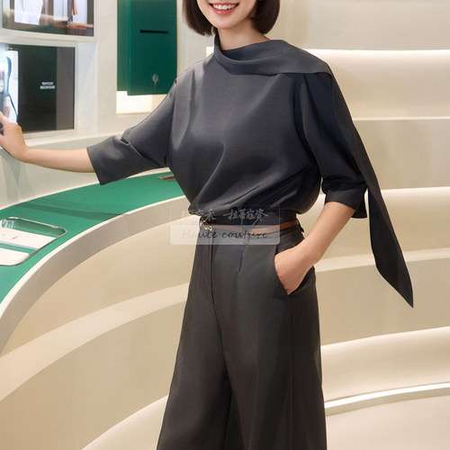 袁泉同款桑蚕丝飘带套头衬衫