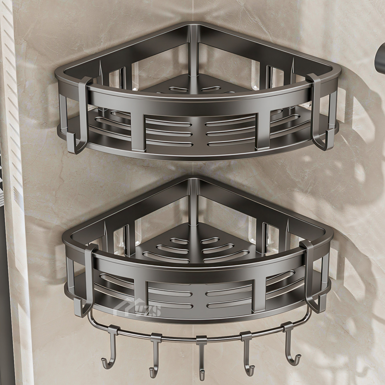 枪灰免打孔太空铝卫生间三角篮置物架加宽加大沐浴露浴室架子厕所