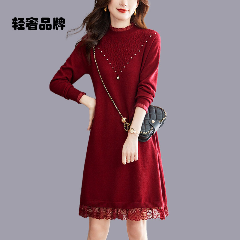 朗姿约定春秋半高领针织连衣裙女中长款宽松时尚毛衣毛衣裙打底裙
