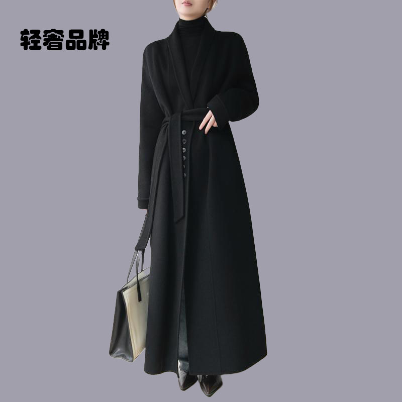 朗姿约定赫本风高端青果领双面呢大衣女冬超长款直筒羊毛呢外套