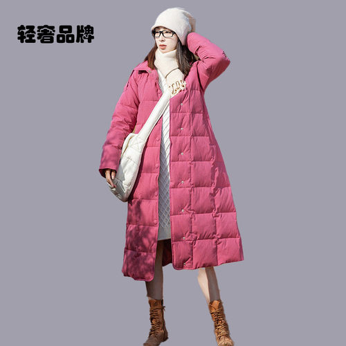 朗姿约定复古翻领加厚羽绒服女冬中长款白鸭绒粉色长绒棉修身外套