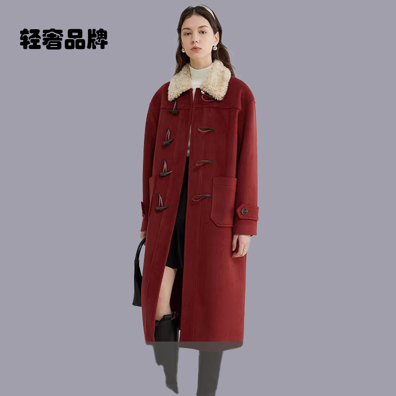 朗姿约定法式仿羊羔毛牛角扣毛呢大衣女冬季中长款加厚呢子外套