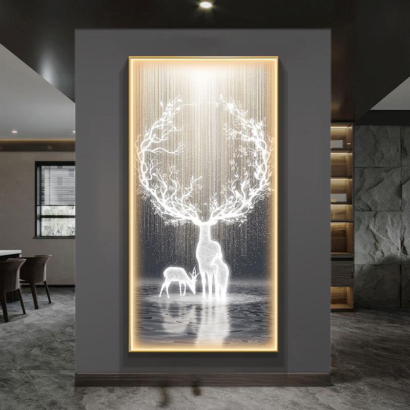 现代入户玄关装饰画led灯画抽象麋鹿高级感挂画竖版轻奢高档壁画