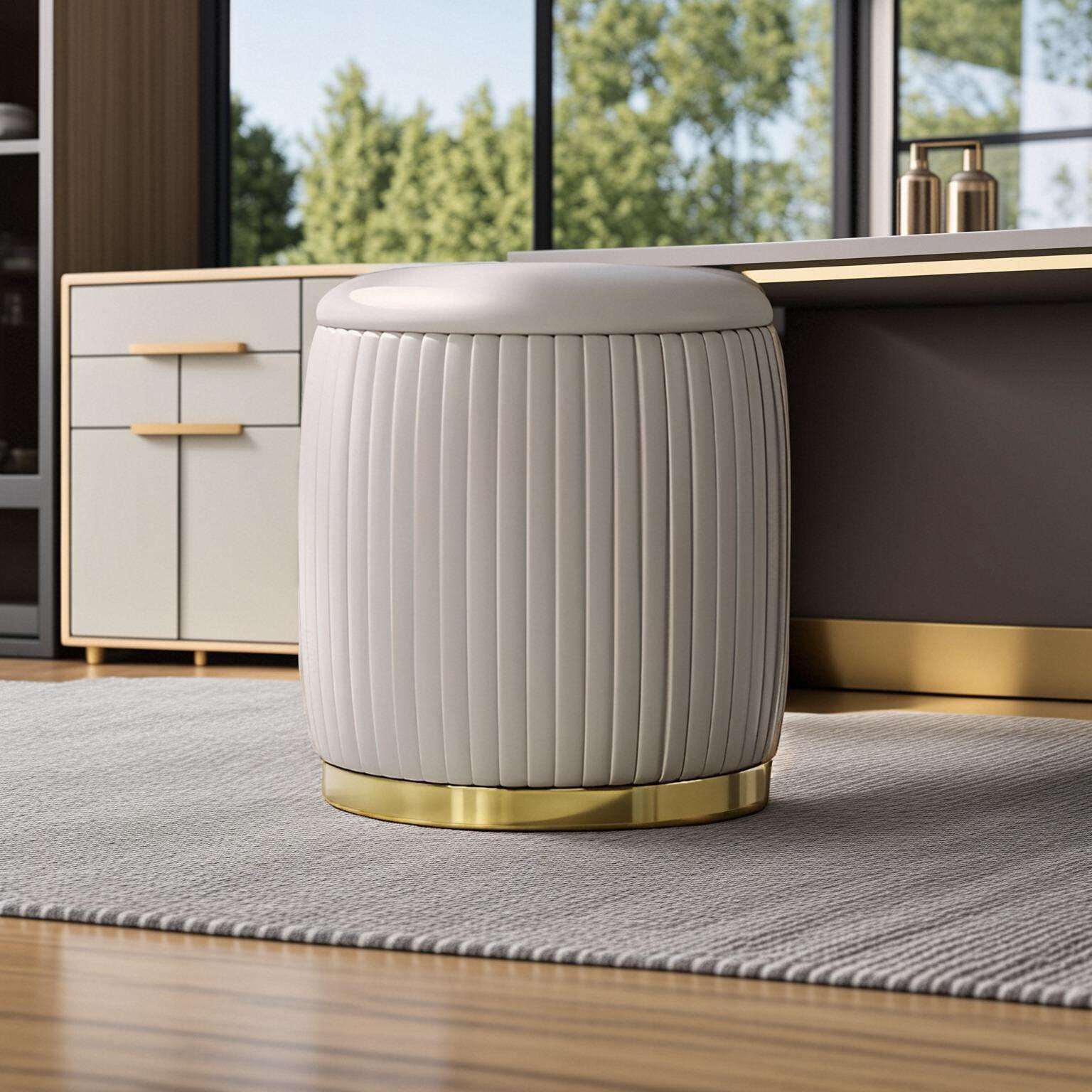 LCc04可旋转全实木化妆凳轻奢卧室梳妆台椅子家用客厅小圆凳皮质