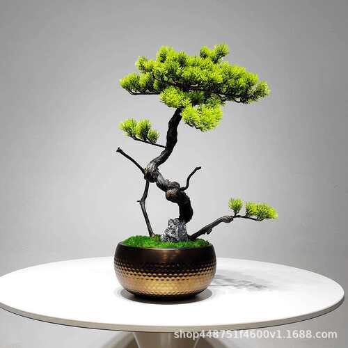 新中式实木仿真迎客松酒店桌面玄关绿植物假松树盆景室内客厅摆件