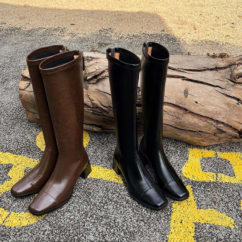 气质方头小鸟腿长靴女秋冬粗跟弹力瘦瘦靴不过膝小筒围骑士靴百搭