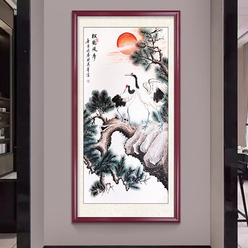松鹤延年入户玄关装饰画中式进门过道走廊尽头挂画长寿图中堂国画