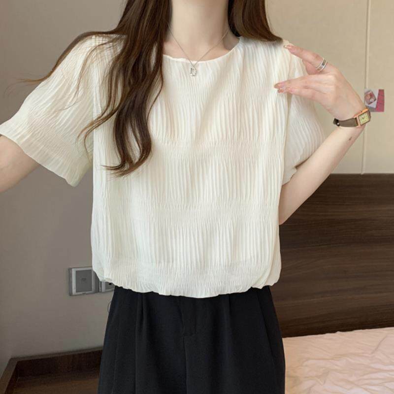 韩国夏季大码百搭宽松雪纺短袖T恤女肌理感压褶显瘦藏肉衬衫上衣