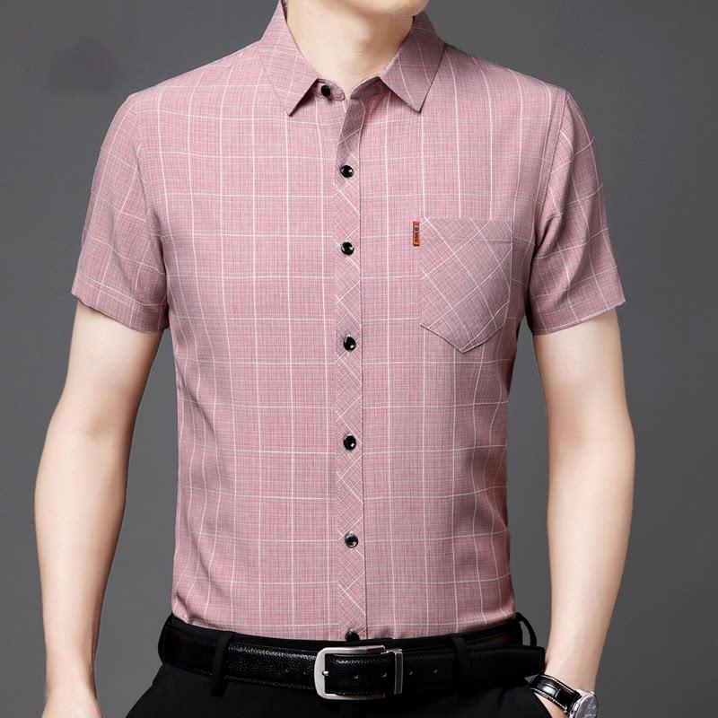 冰丝亚麻衬衫男短袖夏季薄款高端商务休闲格子衬衣男士半袖爸爸装