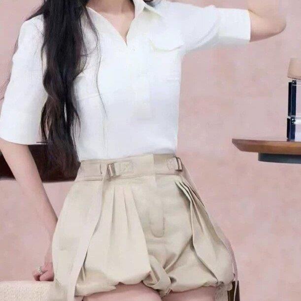 2026新款白色工装风短袖衬衫女生小众上衣高腰花苞短裤两件套夏季