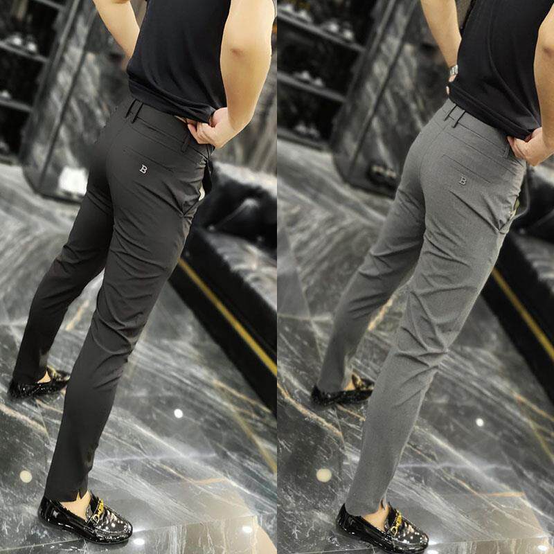 香港夏季新款男士薄款休闲小脚开叉西裤男网红潮牌免烫修身垂感