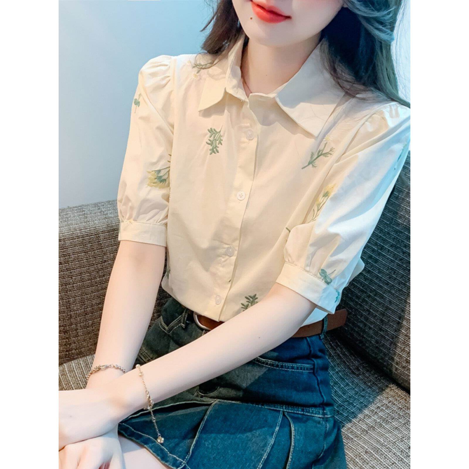 香港TIMO小清新绣花衬衫女夏季洋气翻领泡泡袖衬衣超好看显瘦上衣