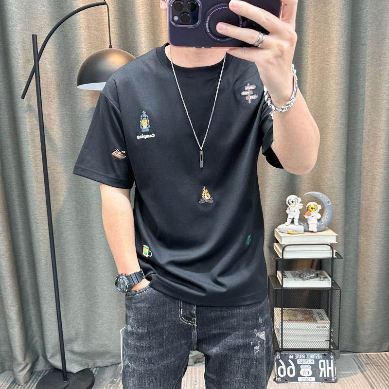 潮牌短袖t恤衫夏季新款高端纯棉半袖T恤衫卡通刺绣男装套头上衣