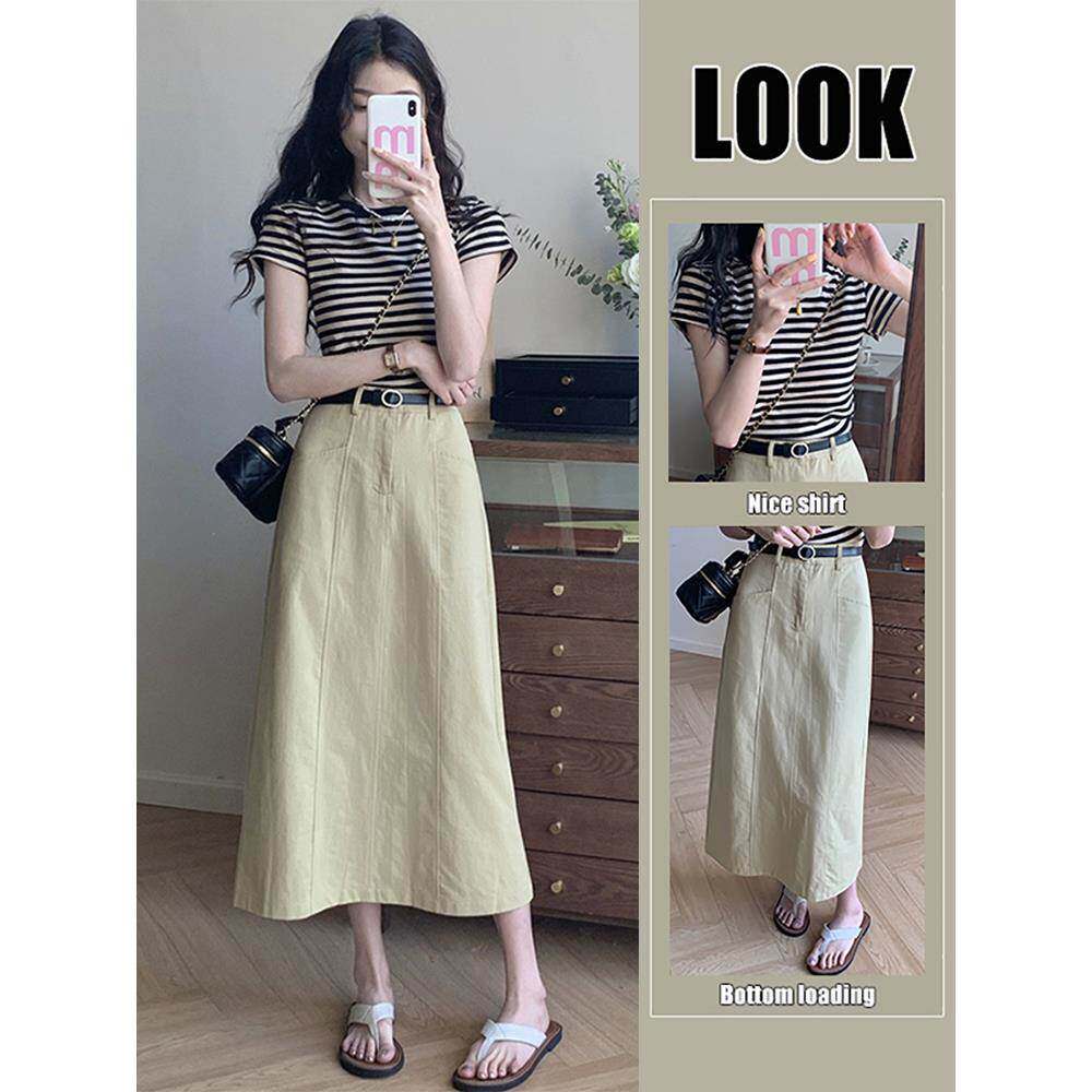 夏装多巴胺穿搭一整套条纹短袖搭配过膝连衣裙子套装女2025半身裙