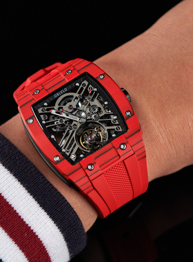 OBLVLO欧宝罗红色碳纤维进口机械手表男镂空男卢浮宫运动表男防水
