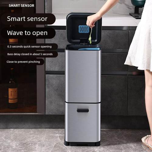 智能传感器分类垃圾桶用于家庭厨房，干湿分离，不锈钢带盖，双层