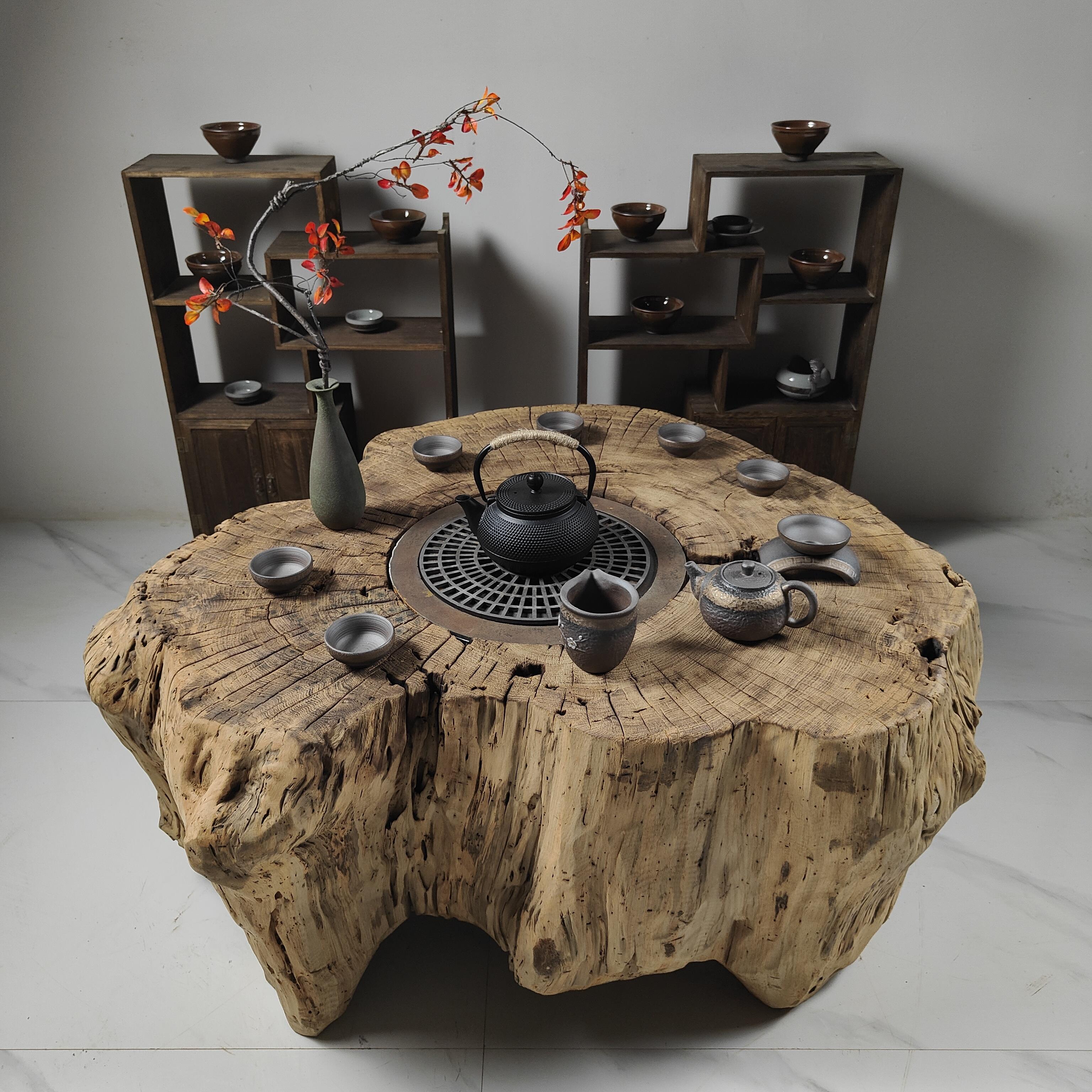 围炉煮茶实木根雕茶桌原木阳台烧烤桌火锅树墩炭盆庭院小户型定制