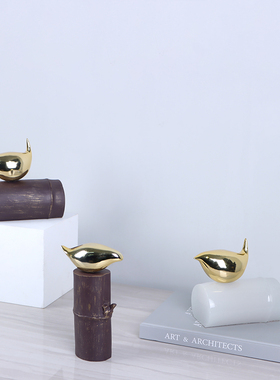 现代新中式玄关客厅m书房金色树脂竹节小鸟摆件工艺品书架软装饰